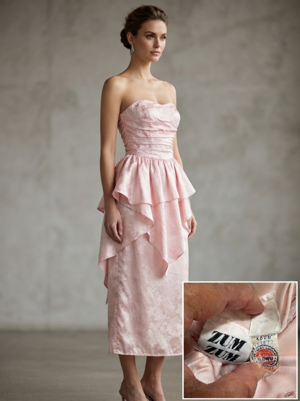 Vintage Zum Zum pink satin strapless party dress ethereal jacquard floral sz XS